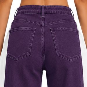Vaqueros anchos morados y blancos personalizados para mujer, pantalones de mezclilla de cintura alta con paneles en contraste, pantalones casuales de moda urbana de corte holgado - Product Image 5