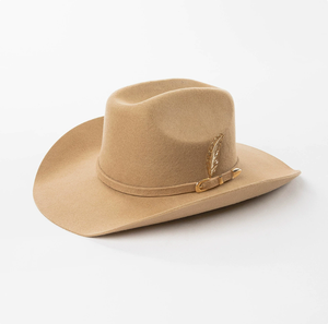 Unisex Beige Leather Striped Cowboy <b>Hat</b> with Gold Feather <b>Band</b> Casual Western Style Adult Summer Beach 56-58cm HN-3019 - Product Image 4