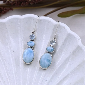 Boucles d'oreilles pendantes uniques en argent sterling 925 avec cabochons de larimar naturel, pierre bleue océanique, bijoux en gros - Product Image 6