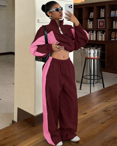 Wholesale Custom OEM Women's Cropped <b>Track</b> Jacket Wide Leg <b>Pants</b> Zip Up Stand Collar Baggy Windbreaker Tracksuit Women Set - Product Image 3