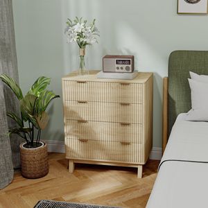 Comò doppio autoportante scanalato con maniglie dorate, 4 gambe in legno e 4 cassetti, finitura legno naturale - Product Image 2