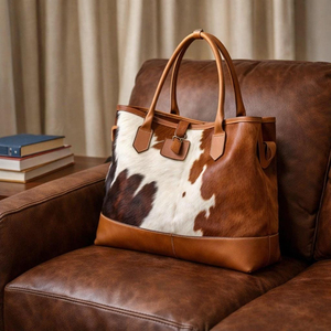 Vintage Cowhide Leather <b>Tote</b> <b>Bag</b> Panelled Design Hasp Closure Women's Shoulder Handbag All Seasons Daily Use - Product Image 1