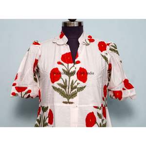 Vestido Midi de Algodón 100% para Mujer, Ecológico, Lavable, Transpirable, con Botones en la Espalda, Estampado, Cuello en V, Manga Corta - Product Image 2