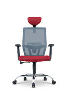 Chaise de bureau ergonomique moderne en maille, siège rouge, base chromée, accoudoirs réglables, appui-tête fixe, pivotante, manuelle, mobilier de bureau robuste