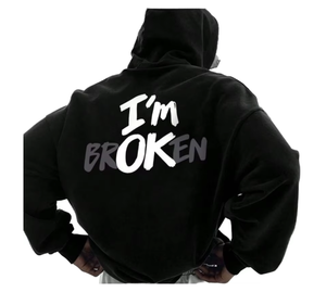 เสื้อฮู้ดดี้ฟลีซโอเวอร์ไซส์ผู้ชายขายส่ง พิมพ์ลาย "I'm OK" ด้านหลัง เสื้อฮู้ดดี้แบบหนา - Product Image 3