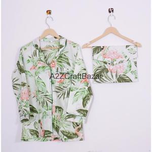 Ensemble de pyjama pour femmes imprimé floral de luxe fait à la main, 100% coton, taille élastique, manches longues, vêtements de nuit d'été, doux et respirant - Product Image 2