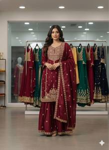 Ensemble de costume palazzo en soie ethnique pour femmes, broderie lourde, tenue traditionnelle indienne pakistanaise pour mariage, fête, Diwali - Product Image 1