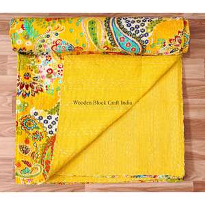 Colcha Kantha de algodón 100% orgánico, hecha a mano, de alta calidad, con estampado paisley amarillo vintage, ecológica, de doble tamaño, para todas las estaciones. - Product Image 3