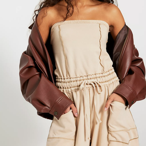 Mono de lona beige sin mangas para mujer, con cintura ajustada, largo completo, con bolsillos, estilo urbano, pantalón de pierna ancha, para primavera y verano - Product Image 3