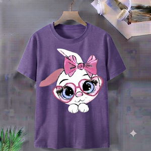 Camiseta de Verano Informal de Manga Corta con Cuello en V y Estampado de Conejito para Mujer, Ajuste Regular, Tejido de Poliéster/Algodón - Product Image 1