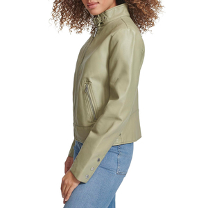 Chaqueta de Motociclista de Cuero PU Verde Oliva para Mujer, Cuello Alto, Cierre de Cremallera, Manga Larga, Color Sólido, Estilo Biker - Product Image 5