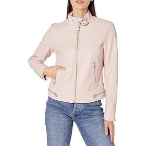 Blouson bomber noir en cuir véritable pour femme, col fourrure, fermeture éclair, manches longues, poignets côtelés, doublure en fourrure Sherpa épaisse - Product Image 2