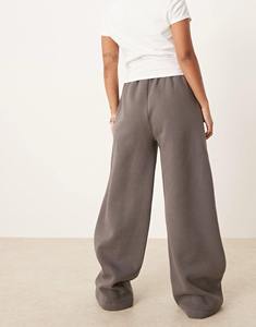 Pantalon large gris pour femme grande taille, taille mi-haute, cordon élastique, coupe ample, longueur intégrale, décontracté, en molleton tricoté, couleur unie - Product Image 2