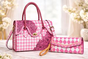 2026 Luxury New <b>Pink</b> & White Checkered Leather Tote Bag & Hand Tooled Cow Leather Wristlet <b>Clutch</b> Matching 2-Piece Combo Set - Product Image 4