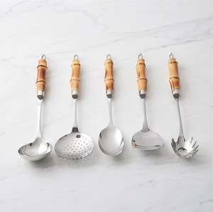 Elegante juego de servidor de pasta con mango de bambú, cabeza de acero inoxidable, cubiertos pulidos, cuchara, tornero sólido para servir elegante - Product Image 1