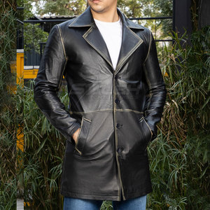 Manteau en cuir durable avec coupe longue, doublure douce, coutures robustes et col classique - Product Image 5
