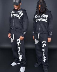 Men's <b>Hoodie</b> and Joggers Set Black Street Style Zip-Up Sweatshirt with <b>White</b> Print 100% Cotton Fleece Heavyweight Fabric - Product Image 2