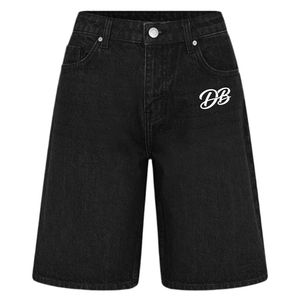 Shorts en jean noir taille haute avec broderie personnalisée, style décontracté d'été, coupe droite, tissu en coton - Product Image 1