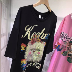 Cute Embroidered Cat T-Shirt Women's Loose Short Sleeve Crew Neck Cotton <b>Knitted</b> <b>Animal</b> <b>Pattern</b> Streetwear Top - Product Image 6