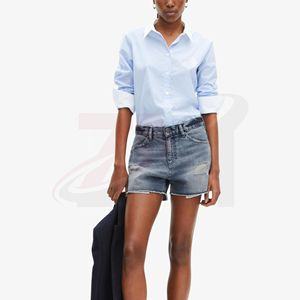 Shorts de mezclilla de cintura alta para mujer, estilo boyfriend, vintage, rasgados, azul liso, casuales de verano con detalles de agujeros - Product Image 3