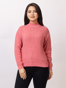 Suéter de Punto Sólido para Mujer, Cuello Alto, Manga Larga, con Detalle de Tachuelas, Estilo Casual de Invierno, Look Moderno - Product Image 3