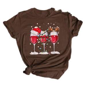 MANUFACTURE Custom brown plus size <b>Christmas</b> Wine Women Graphic <b>TShirt</b> Festive Santa Hat Lights Reindeer printed CrewNeck <b>tshirt</b> - Product Image 1