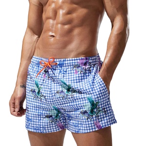 Shorts de bain imprimés pour hommes, séchage rapide, motif oiseaux, taille élastique avec cordon de serrage, décontractés pour l'été - Product Image 1