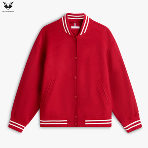 White & Red Color With Full Sleeve Turn Down Collar Button Closure Solid Color Autumn Wear Women Varsity Jacket For Wholesale - Product Image 2