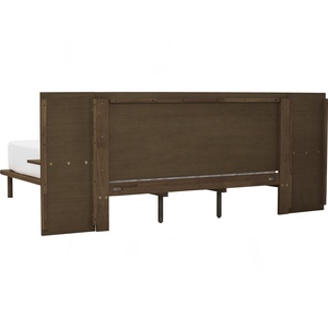 Base de Cama Queen Estilo Nórdico de Mediados de Siglo con Mesitas de Noche de Madera y Cabecero Ancho Extendido, Acabado Minimalista en Nogal - Product Image 4
