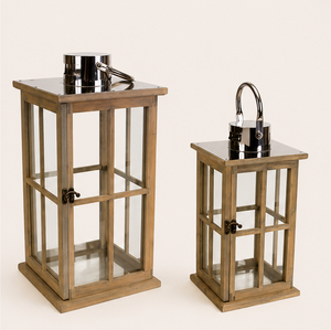 Wooden Candle <b>Lantern</b> <b>Set</b> of 2 with Stainless Steel Top Decorative Farmhouse Glass Floor <b>Lanterns</b> Vintage Brown Finish - Product Image 6