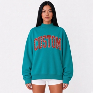 <b>Women</b> <b>White</b> Mock Neck Sweatshirt Oversized Drop Shoulder Long Sleeve Top With Red Custom Logo Print - Product Image 4