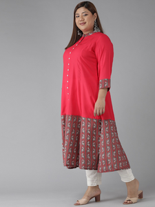 Kurti Anarkali de Rayón Rosa con Estampado Floral y Borde Floral para Mujer, Talla Grande, con Cuello Mandarín y Mangas Elegantes - Product Image 2