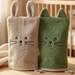 Lot de 2 gants de bain écologiques à imprimé animal pour bébé, en tissu éponge doux, serviettes de lavage en forme de marionnette, cadeau pour nouveau-né et tout-petit, pour la salle de bain et la crèche - Product Image 2