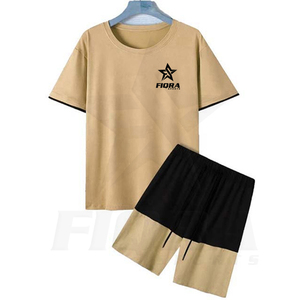 Ensemble de t-shirt et short pour homme, 100% coton, coupe ajustée, été, décontracté, 2 pièces, chemise à manches courtes et short de couleur unie simple pour homme - Product Image 1