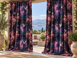 Paneles de Cortina con Diseño de Bosque Encantado y Aves, Cortinas Escénicas en Azul Oscuro y Rosa para Sala de Estar - Product Image 1