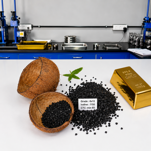 Granulés de charbon actif pour l'extraction aurifère, maille 6x12, adsorbant pour processus CIP/CIL, CTC 60%, haute dureté 99%, fournisseur en vrac Inde FOB - Product Image 1