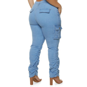 Jeans Cargo Azul Claro de Cintura Alta para Mujer Talla Grande, con Bolsillos, Cierre de Botones, Estilo Casual, Corte Regular, para Primavera - Product Image 3