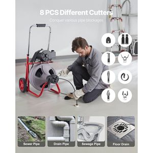 Máquina portátil de limpieza de desagües con ruedas de 100 pies x 3/8 pulgadas y alimentación automática, desatascador de tuberías de 8 pulgadas, agente de dragado de tuberías. - Product Image 5