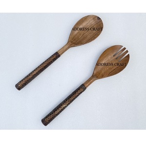 Latest Design Acacia Wood <b>Salad</b> <b>Server</b> with Hand Woven Rattan Handle Utensils Wooden Cutlery <b>Salad</b> Spoon Fork Set Serving Spoon - Product Image 2