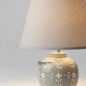 Lampe en os incrusté de style designer |   Lampe de table de luxe à base carrée avec incrustation florale et abat-jour neutre - Product Image 4