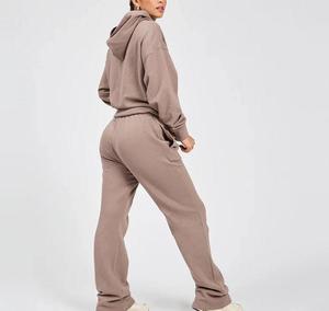 Ensemble de jogging deux pièces décontracté pour femme en coton 100 % de haute qualité, haut long et pantalon de survêtement couleur unie, coupe oversize pour l'hiver - Product Image 2