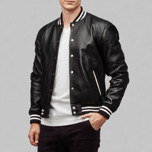Button Up Baseball Leather Varsity Jacket Wholesale Crew Neck Leather Varsity Jackets Men Vintage Leather Varsity Leather <b>Coat</b> - Product Image 1
