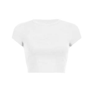 Crop top tricoté à manches courtes et col rond pour femme, couleur unie, coupe ajustée, décontracté, toutes saisons, marron - Product Image 4