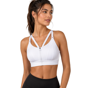 Womens Front Zip Sports Bra White High Impact Adjustable Strap <b>Padded</b> Running Gym Zipper Closure Activewear Custom - Product Image 1