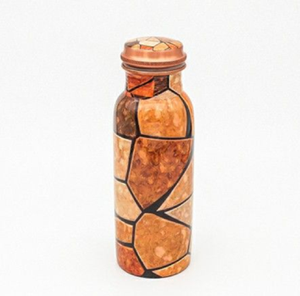 Eye-catching copper <b>bottle</b> styled with a <b>warm</b>, geometric earthy-toned mosaic tile pattern. Available at wholesale prices. - Product Image 1