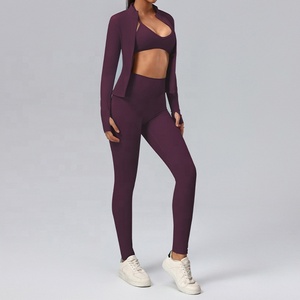 Conjunto de Yoga de 3 Piezas sin Costuras para Mujer, Chaqueta con Cierre Frontal, Sujetador Deportivo, Leggings de Cintura Alta, Cuello Alto, Manga Larga, Ropa Deportiva - Product Image 2