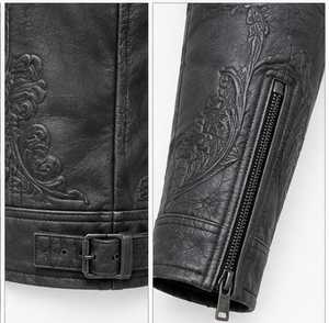 Blouson en cuir gaufré pour homme, style motard, col montant, fermeture éclair, coupe ajustée, style automne - Product Image 3