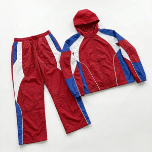 Custom Hooded Casual Two-Piece Strip <b>Zipper</b> Waterproof Eco-Friendly Nylon Windbreaker <b>Jacket</b> Track Pants Set Patchwork Design - Product Image 1