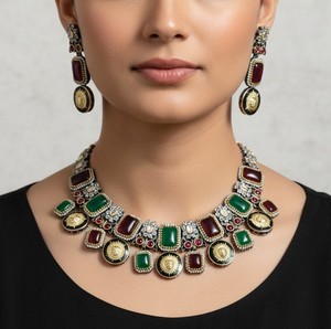 Green and Red Monalisa Stone Sun Face Gold Plated Necklace Earrings Set Women's Fashion Party Jewelry - Product Image 1