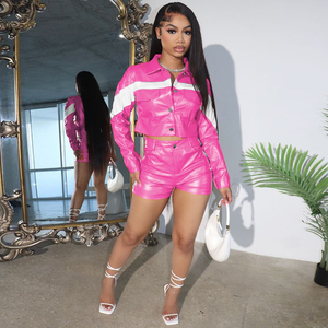 Women Zip <b>Long</b> Sleeve Embroidery Jacket and Skinny High Stretch PU Leather Shorts Outfits Fashion <b>Matching</b> Two Piece Sets - Product Image 1